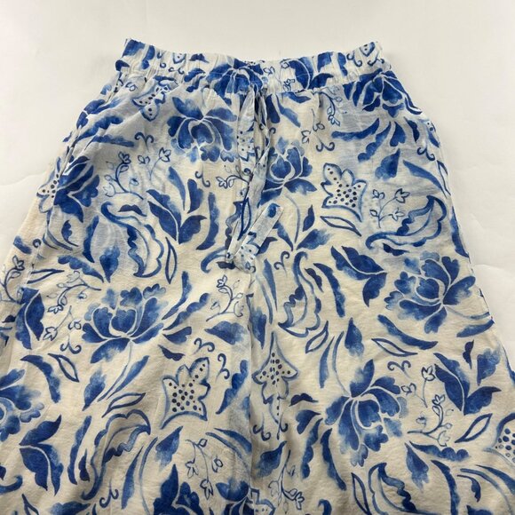 Vince Camuto Blue Cream Floral Stencil Print Crinkle Gauze Wide Leg Pant M - Picture 2 of 8